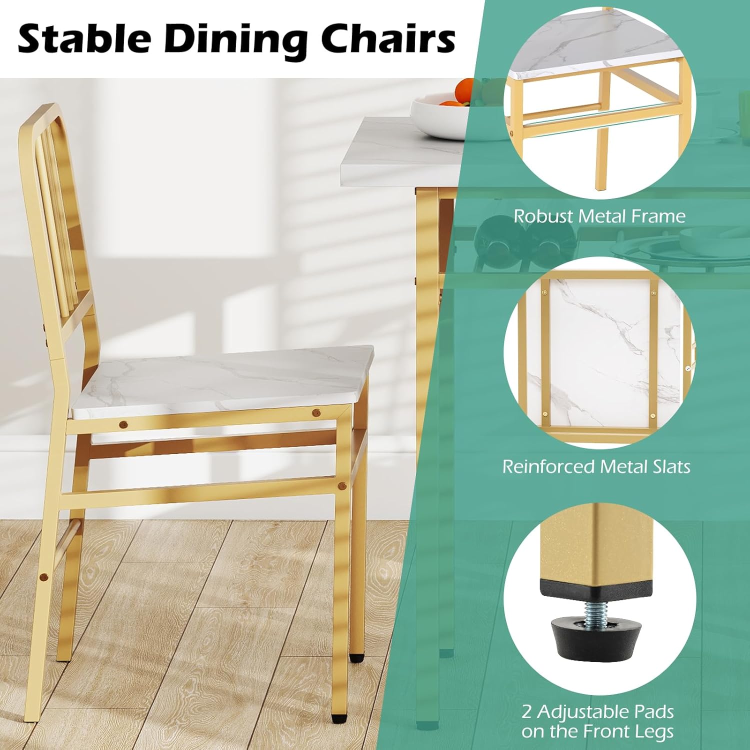 Giantex 3-Piece Dining Table Set, Rectangular Kitchen Table with Storage Rack and 2 Dining Chairs, Heavy-Duty Metal Frame, Space-Saving Dinette Set for Breakfast Nook, Apartment (White + Gold)