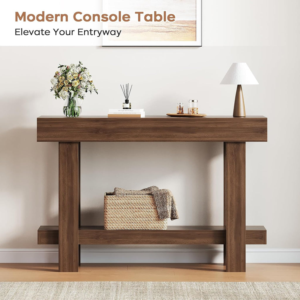 Console Table for Entryway, 47.2" Narrow Farmhouse Sofa Table with Thick Tabletop & Storage Shelf, 2-Tier Modern Wooden Entryway Industrial Table for Hallway, Living Room, Foyer, Behind Couch, Walnut