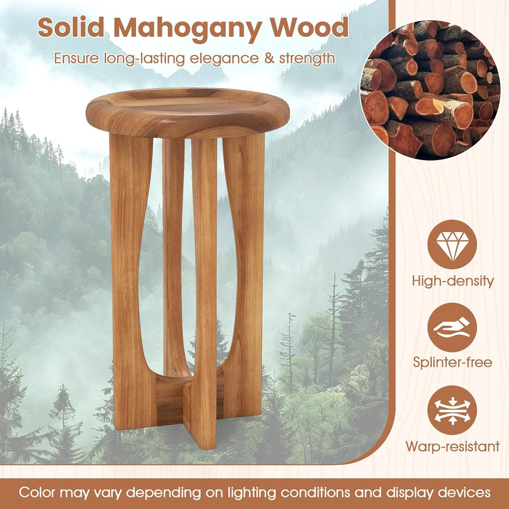 Tangkula Round Side Table, 14” Mahogany Accent Table with Tray Top & Solid Wood Cross Legs, Sofa Bedside End Table for Living Room, Bedroom, Porch, Backyard, Natural