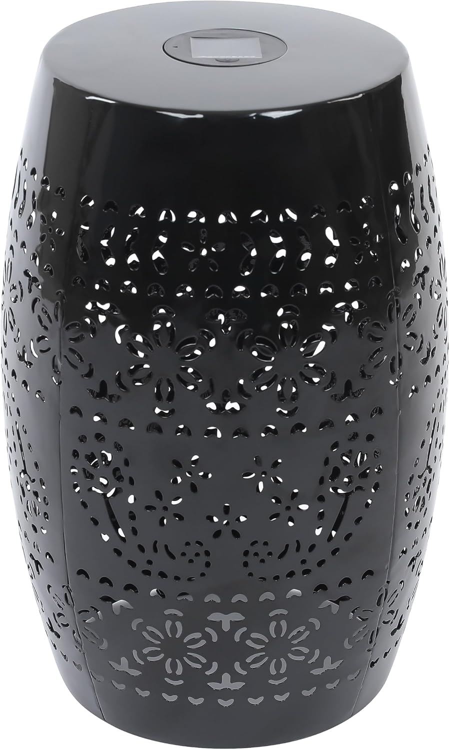 Benjara Sola Side Table- Solar Powered Light- 18" Barrel Shaped Black Iron