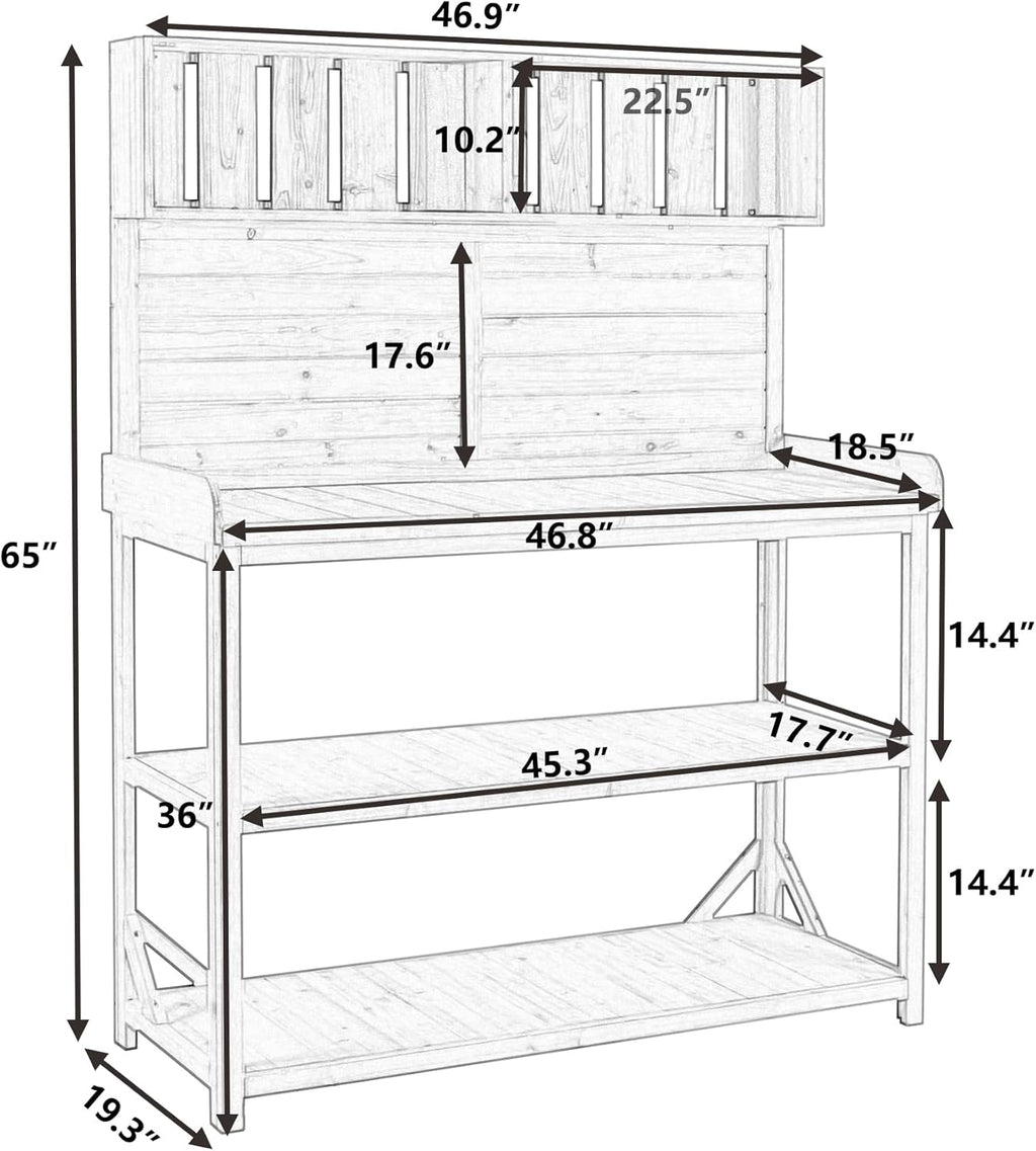 P PURLOVE 65" Large Wooden Rustic Outdoor Potting Bench Table, Patio Workstation, Garden Plant Lawn Patio Bench Shelf with 4 Storage Shelves and Side Hook