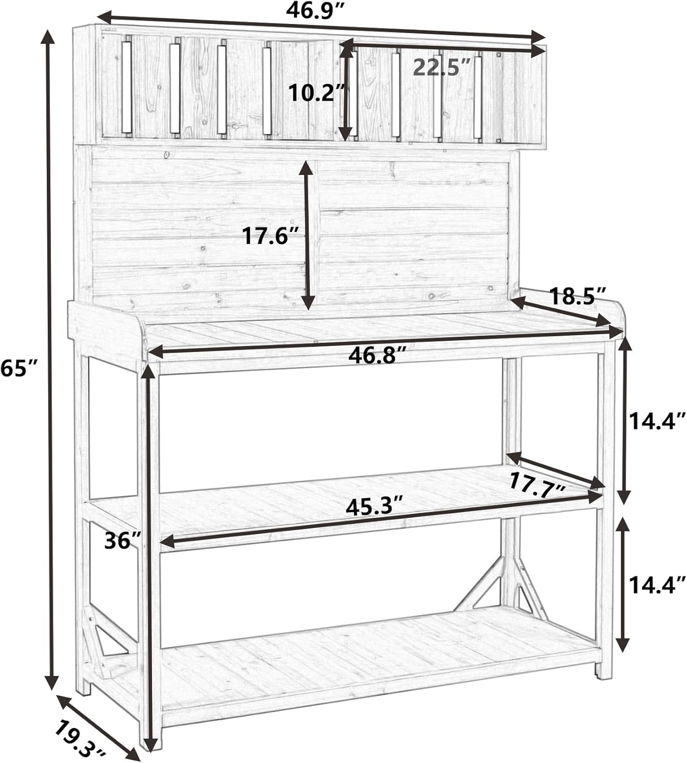 P PURLOVE 65" Large Wooden Rustic Outdoor Potting Bench Table, Patio Workstation, Garden Plant Lawn Patio Bench Shelf with 4 Storage Shelves and Side Hook