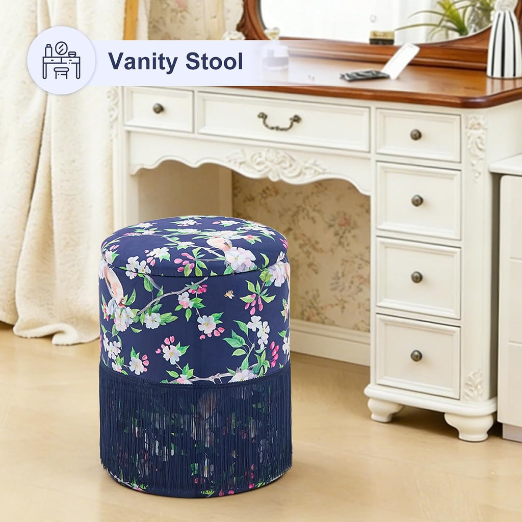 Round Fringe Ottoman with Storage, Farmhouse Tassel Velvet Footrest Stool, Flip Top Vanity Ottoman Chair for Living Room Bedroom