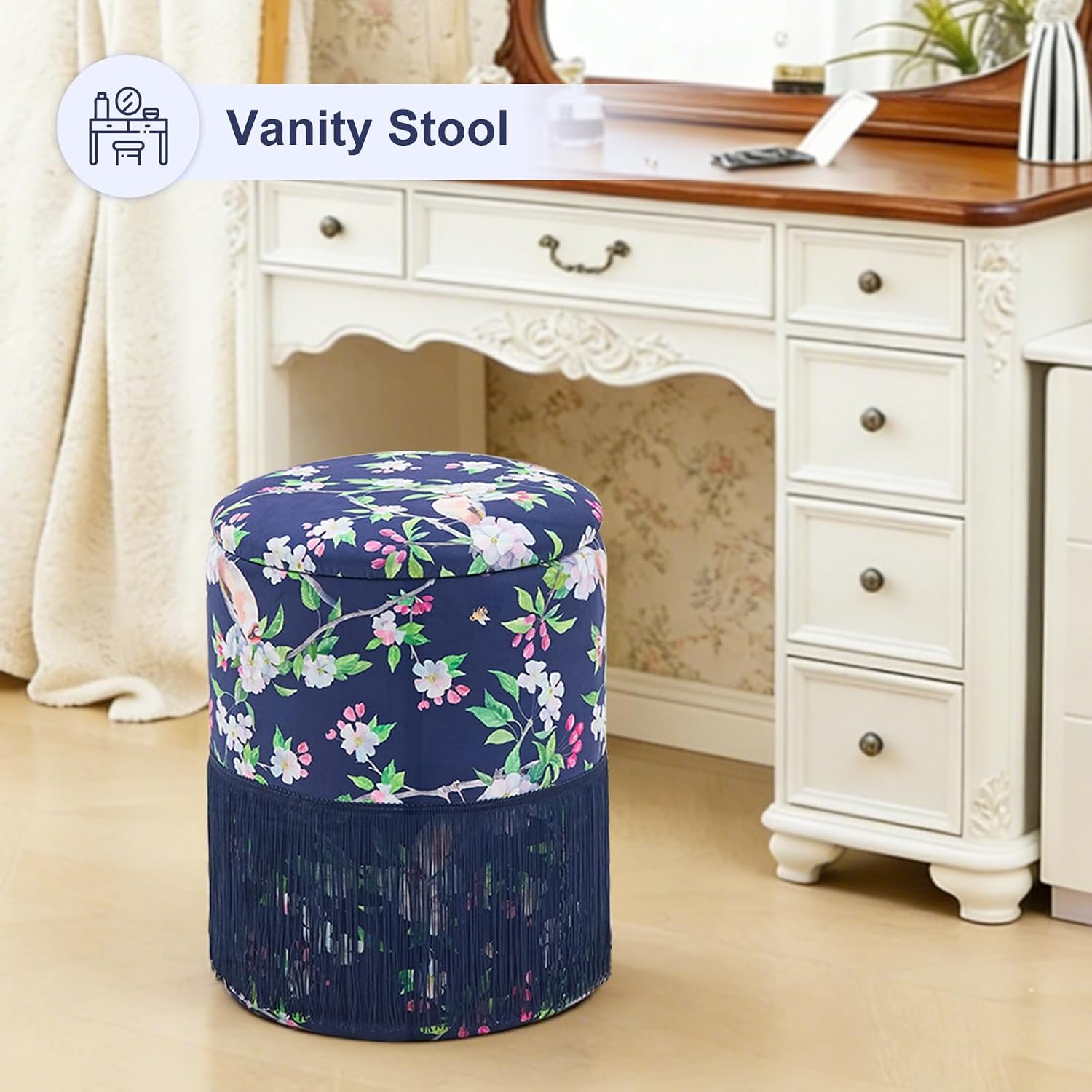 Round Fringe Ottoman with Storage, Farmhouse Tassel Velvet Footrest Stool, Flip Top Vanity Ottoman Chair for Living Room Bedroom