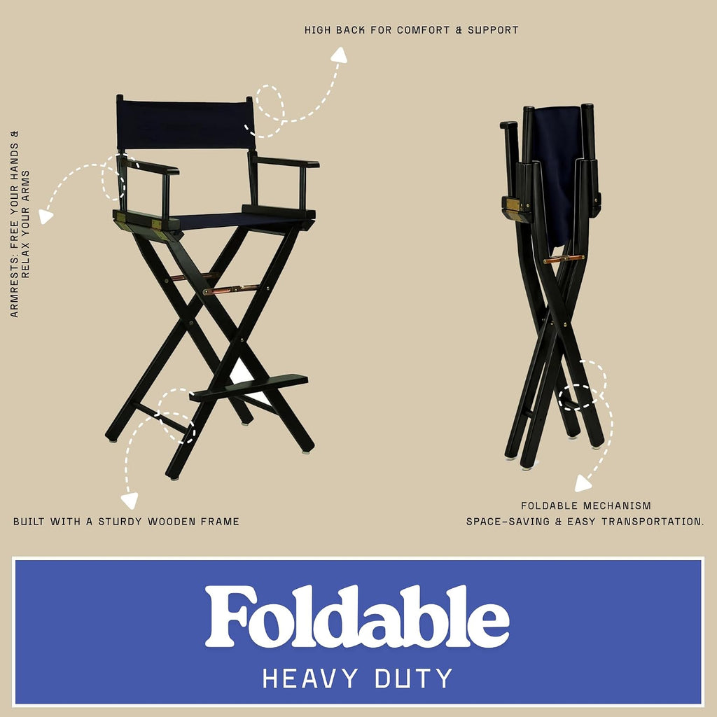 30-inch Directors Chair with Black Wood Frame and Navy Blue Canvas Seat and Backrest Folding Portable Bar Height Tall Chair for Makeup Artists, Filmmaking Events, Patio Camping, and Home Use