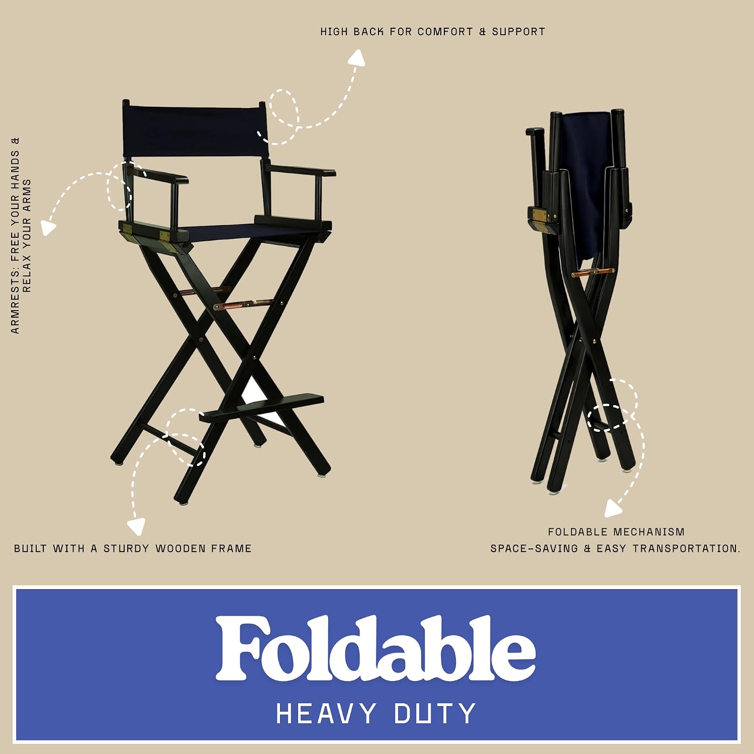 30-inch Directors Chair with Black Wood Frame and Navy Blue Canvas Seat and Backrest Folding Portable Bar Height Tall Chair for Makeup Artists, Filmmaking Events, Patio Camping, and Home Use