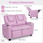 Olakids Kids Recliner, Double Toddler Lounge Chair with 105° to 150° Adjustable Backrest Cup Holder Footrest Side Pockets, PU Leather Children Couch (Pink)
