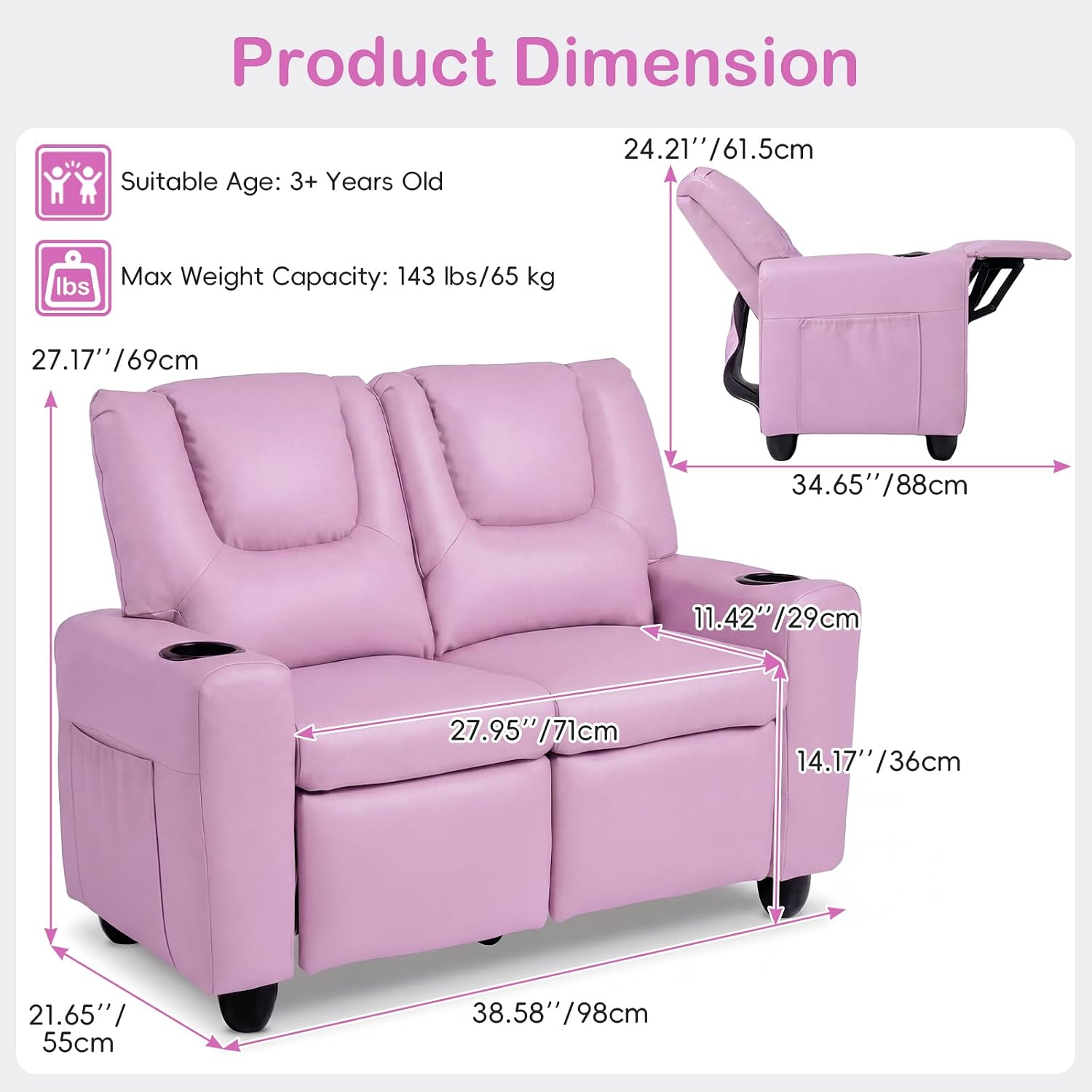Olakids Kids Recliner, Double Toddler Lounge Chair with 105° to 150° Adjustable Backrest Cup Holder Footrest Side Pockets, PU Leather Children Couch (Pink)