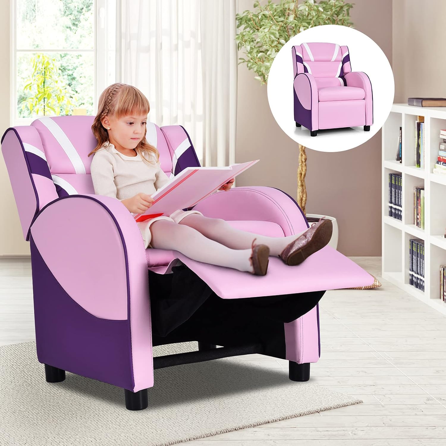 MAT EXPERT Kids Recliner Sofa, Gaming Chair w/Footrest, Arms & Side Pocket Storage, Adjustable Leather Kids Couch Lazy Boy Armchair Reading Chair, Toddler Lounge Chair for Boys Girls Age 3+ (Pink)