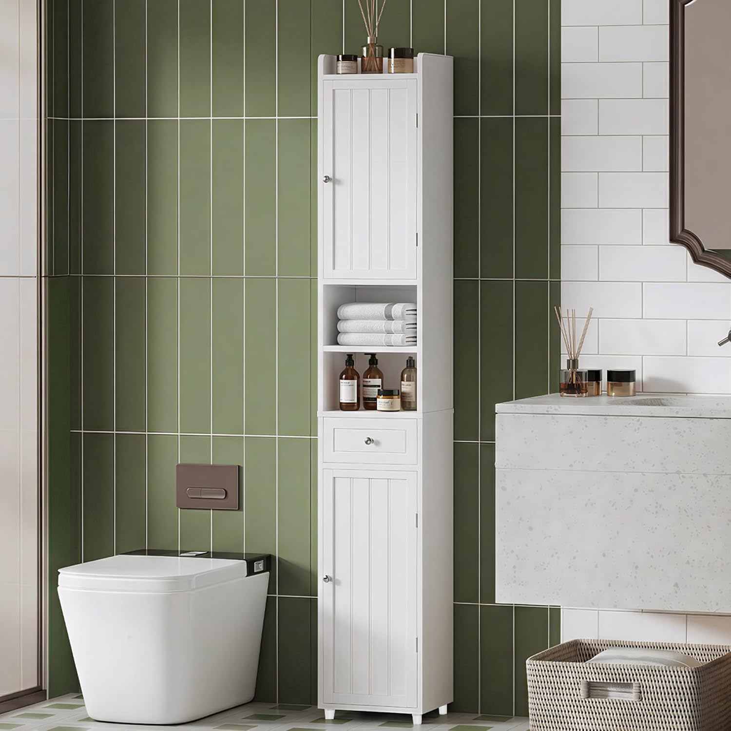 ChooChoo Bathroom Storage Cabinet with Adjustable Shelves, Tall Storage Cabinet with 2 Doors and 1 Drawer, Freestanding Cupboard for Small Spaces, White, 11.8 Inches Wide