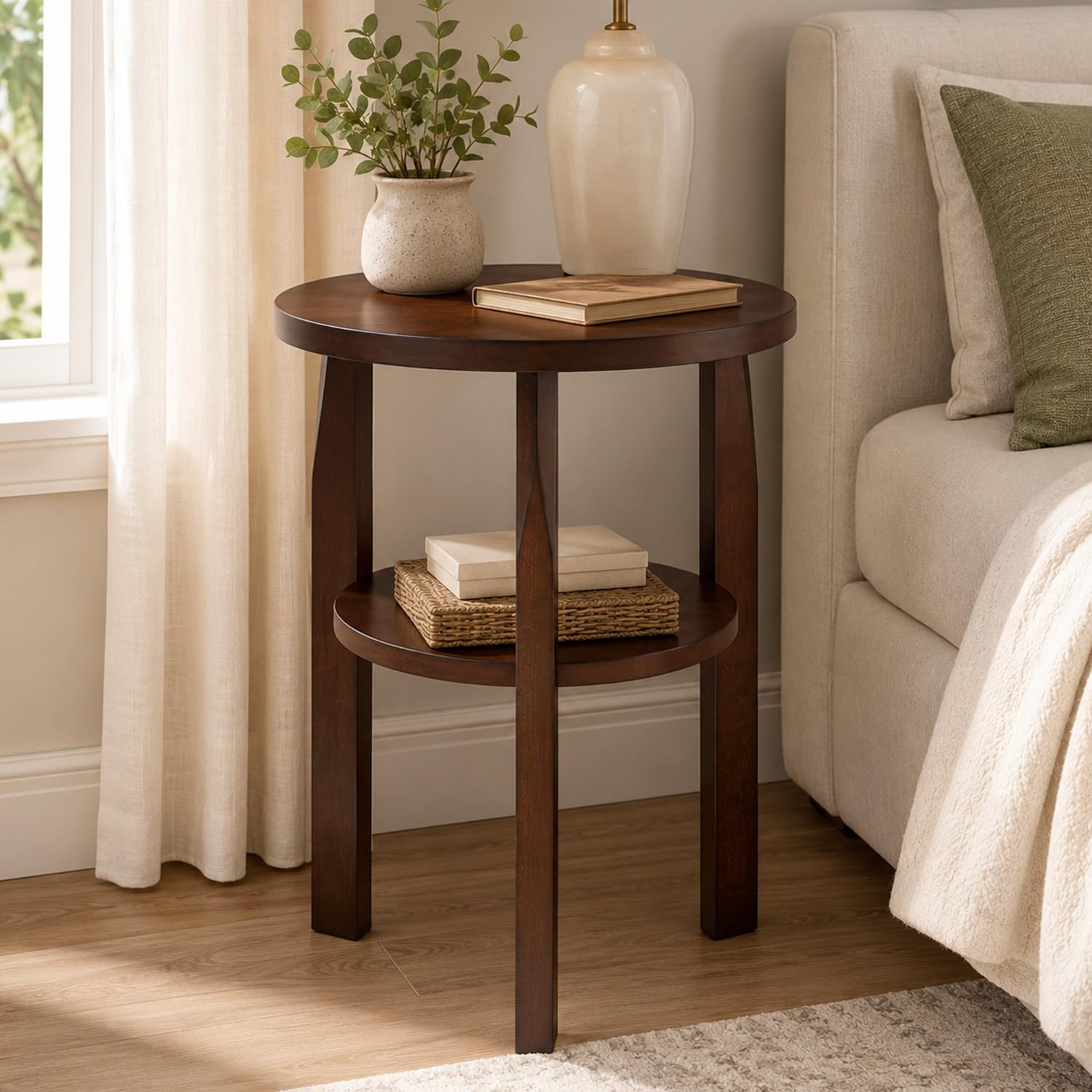 Round End Table, Solid Rubberwood 2-Tier Side Table with Open Storage Shelf, Small Accent Table for Living Room, Bedroom, Sofa Side and Small Spaces