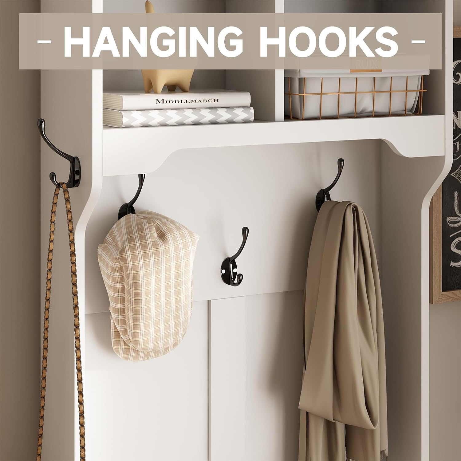 Maupvit Farmhouse Narrow Coat Rack with Shoe Storage, 6 Shoe Cubbies & 4 Coat Hooks, Hall Tree with Shoe Storage, Entryway Bench with Adjustable Shelves for Hallway, Living Room, Mudroom, White