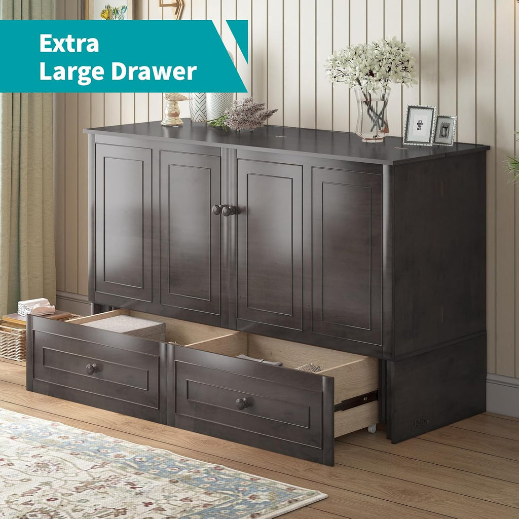 BALUS Queen Murphy Bed, Murphy Cabinet Bed with Tri-Fold Mattress & Storage Drawer, Guest Beds Space Saving Adult Cabinet Murphy Beds with USB Charging Ports for Guest Room Bedroom, Grey