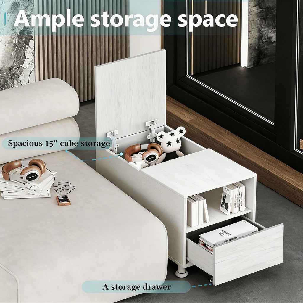 Rresyet Modular Sofa Console with Storage, Adjustable Height Side Table with Drawer & Open Shelf, 15.8" Narrow End Table for Sectional Sofa Couch (1, White, with Drawer)