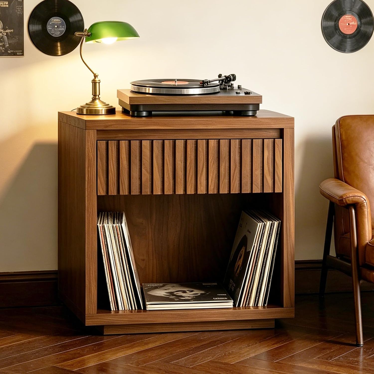 Record Player Stand, Vinyl Record Player Stand Holds Up to 170 Albums with Drawer and Storage Shelf, Turntable Stand for Living Room, Walnut