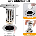 Anlige Bathroom Sink Drain Strainer, 3 in 1 Pop Up Bathroom Sink Stopper with Removable Brass Basket Hair Catcher, Universal Sink Plug for 1.06 to 1.6in Drain Hole, Chrome Silver