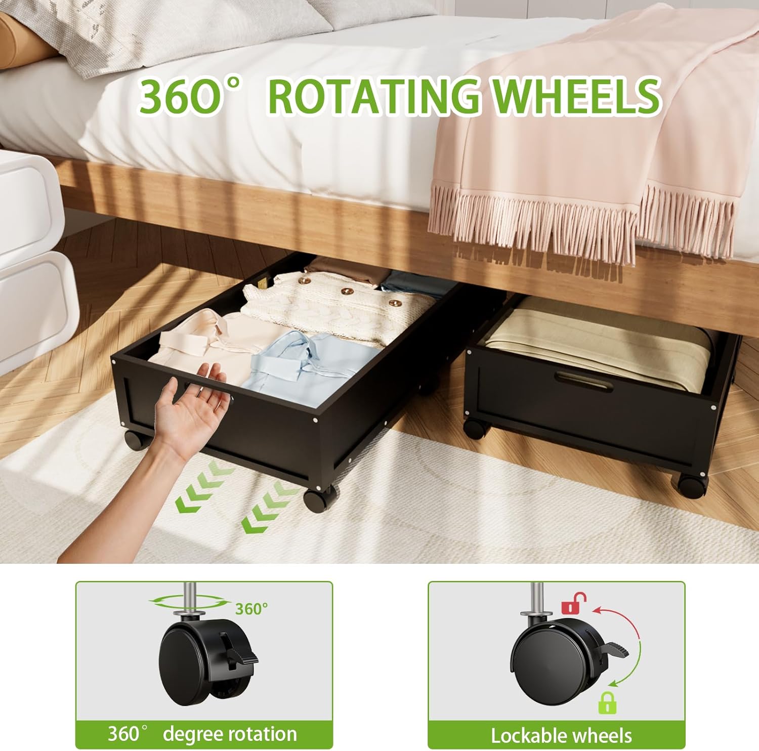 Bamboo Under Bed Storage Containers, Rolling Underbed Organizer with Wheels, Sturdy Under the Bed Shoe Storage Bins, Stackable Underbed Drawers for Bedroom Closet Clothing Toy 2 Packs (Black, Small)