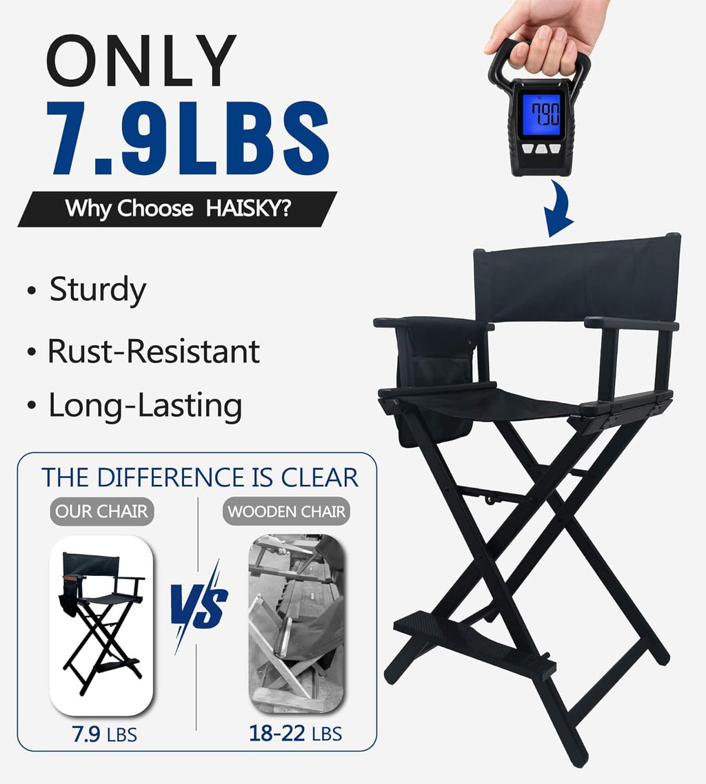 30" Extra Tall Folding Directors Chair, Lightweight Aluminum Makeup Artist Chair for Client, Portable Director Chair for Photography Studio, 7.9 LBS with 2 Covers, Side Bags, Footrest, 300 lbs