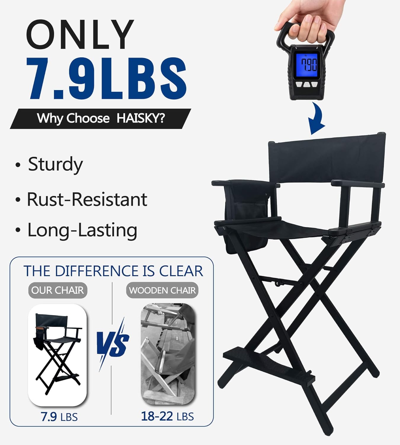 30" Extra Tall Folding Directors Chair, Lightweight Aluminum Makeup Artist Chair for Client, Portable Director Chair for Photography Studio, 7.9 LBS with 2 Covers, Side Bags, Footrest, 300 lbs