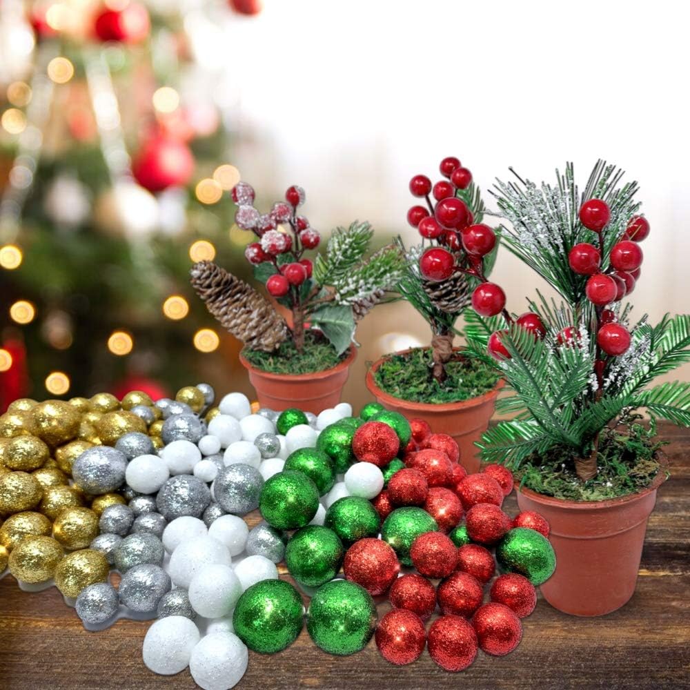 Multi Colored Glitter Foam Vase Fillers, 5 Bag Set – Silver, Red, Green, Gold & White Decorative Foam Balls, 3/8"–3/4", Bowl Fillers, Centerpiece Filler, Party Décor, Christmas & Holiday Craft Balls