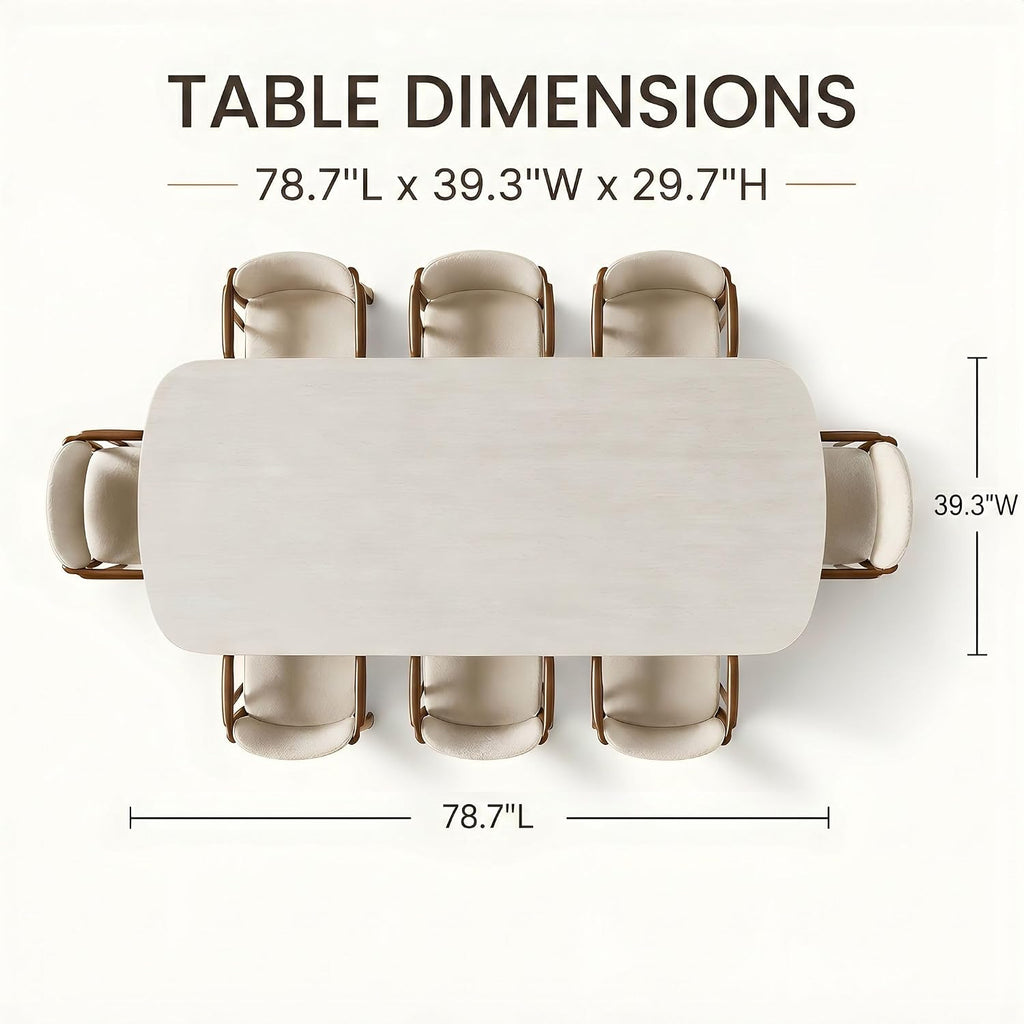 Honyee Sintered Stone Dining Table for 6–8, 78.7" Rectangular Kitchen Table, Real Travertine Top, Rounded Corners, Walnut Pedestal Base, Large Modern Dining Room Table
