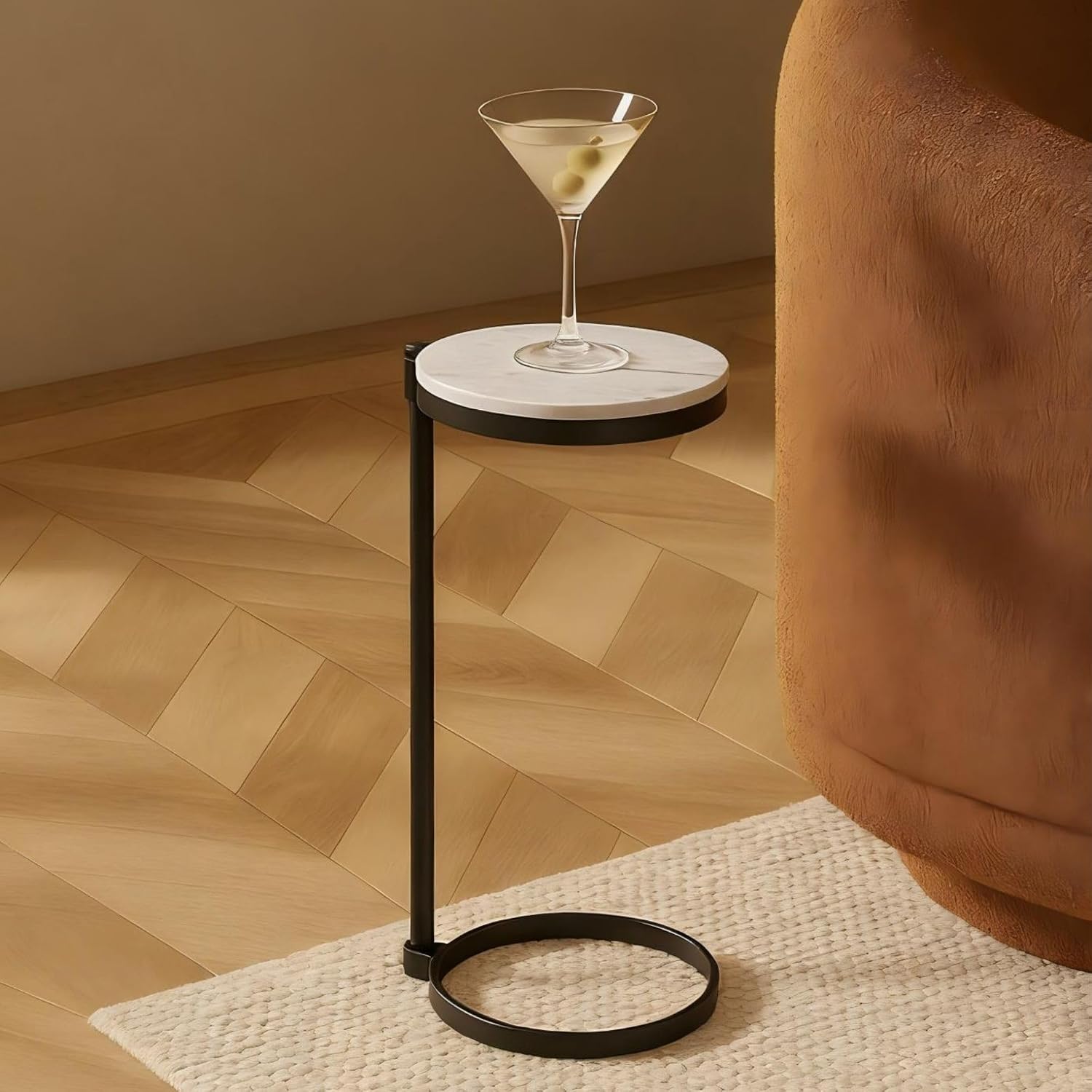 TEHOME Black Marble Drink Table Metal Martini Round Small Drink Side Table for Couch Marble C Shaped End Table for Sofa 10" diam,24.55" h