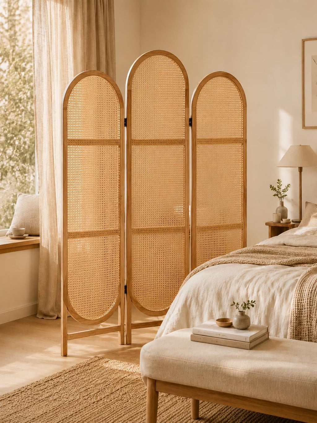 3 Panel Room Dividers and Folding Privacy Screens, Wooden Room Divider with Bi-Directional Hinge, Pre-Assembled Hand-Made Rattan Privacy Dividers for Balcony, Bedroom, Hotel Decorations