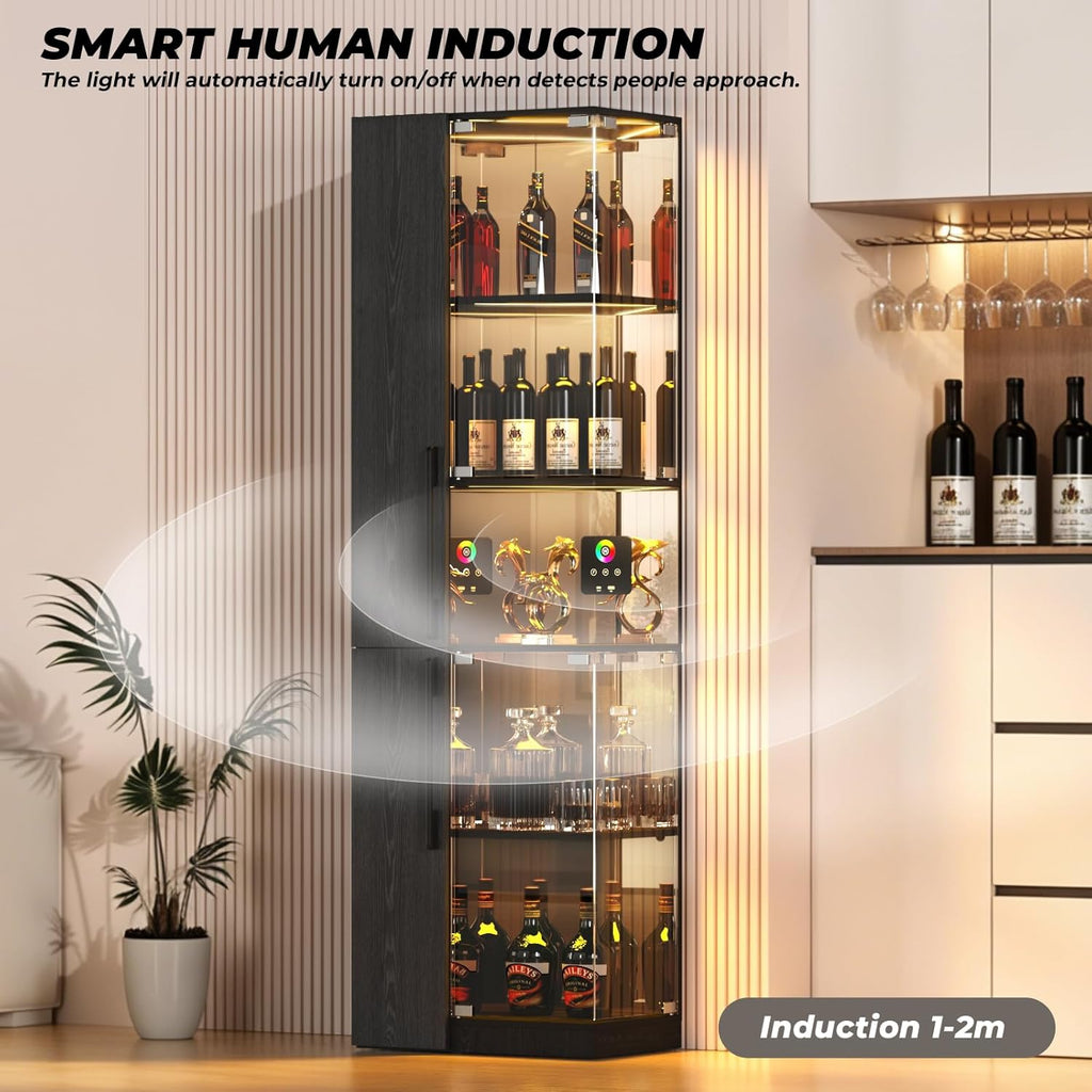 VersionTECH. Glass Display Cabinet with RGB Lights, 5-Tier Curio Cabinets with Glass Doors for Collectibles, Display Case with Adjustable Shelves, Human Sensor, Charging Station, Mirror Backing, Black