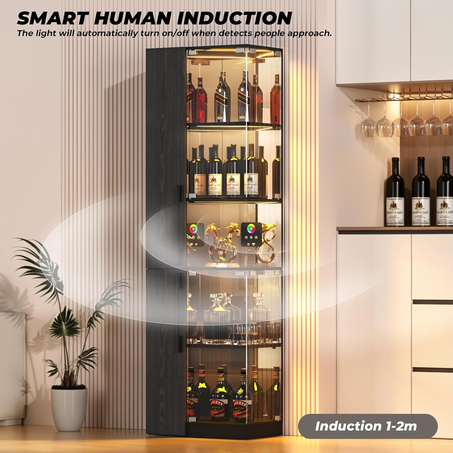 VersionTECH. Glass Display Cabinet with RGB Lights, 5-Tier Curio Cabinets with Glass Doors for Collectibles, Display Case with Adjustable Shelves, Human Sensor, Charging Station, Mirror Backing, Black