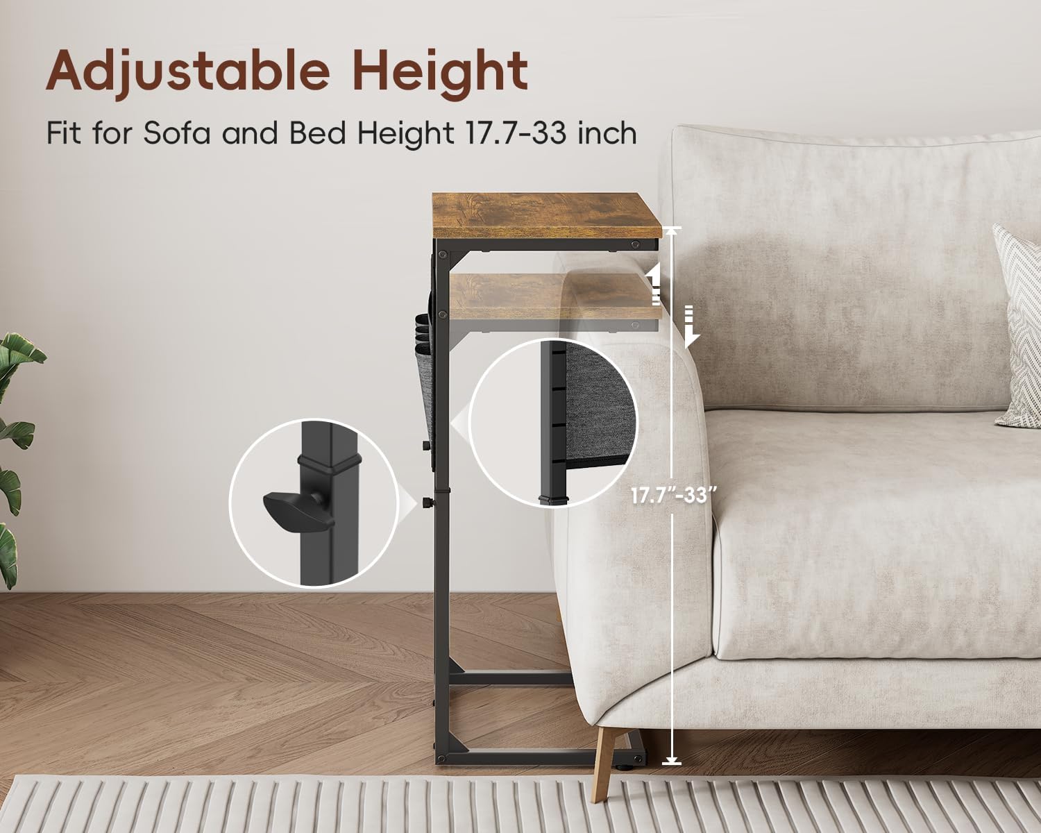Vagusicc C-Shaped End Table with Charging Station, Small Side Table for Couch, 33" Tall C Table Adjustable Height Side Table, Couch Tables that Slide Under, Sofa Table TV Tray for Living Room, Brown
