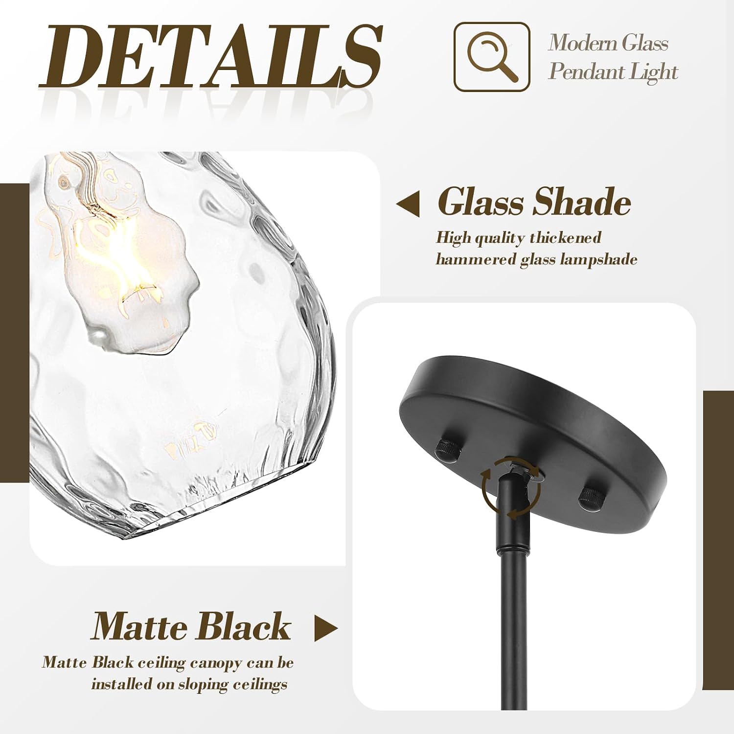 Glass Pendant Lights Kitchen Island, 1-Light Modern Black Pendant Light Fixtures with Hammered Glass and Rods, Small Hanging Light for Kitchen Sink Dining Room Bathroom