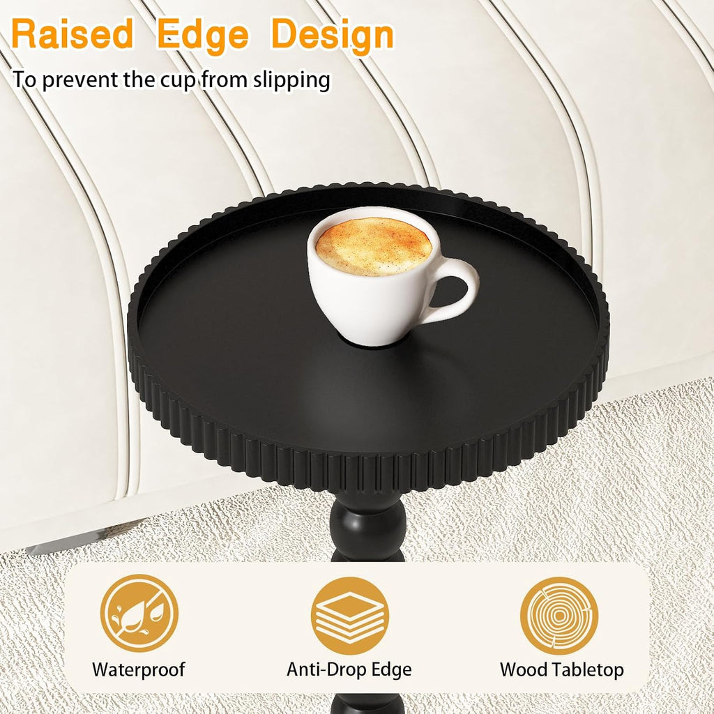 Drink Table，Slot Edge Round Small Side Table for Small Spaces, Round End Tables with Decorative Tray, Pedestal Martini Tables for Living Room, Bedroom, Sofa Couch, Corners (Black)