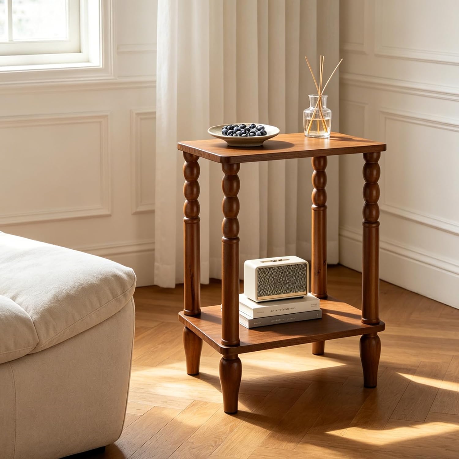 Solid Wood End Table with Storage Shelf, 2-Tier Small Side Table with Vintage Spindle Legs, Narrow Nightstand for Living Room, Bedroom & Small Spaces, Easy Assembly (Brown)