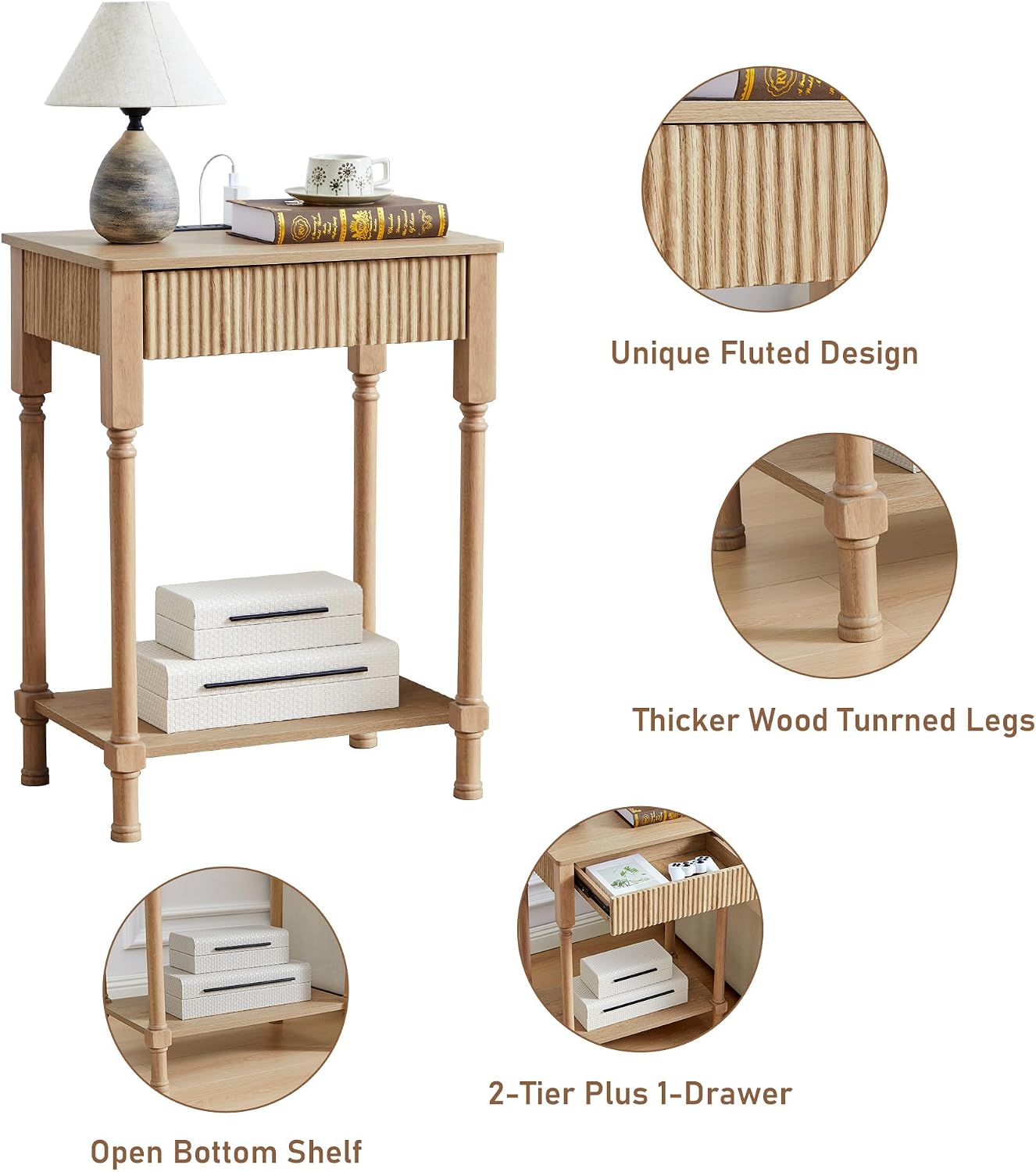 XUZENEST 23.6” Large End Table with Charging Station, Modern Farmhouse Side Table Sofa Tables with Fluted Drawer, Wooden Bedside Table Night Stand for Bedroom Living Room Home Office, Natural