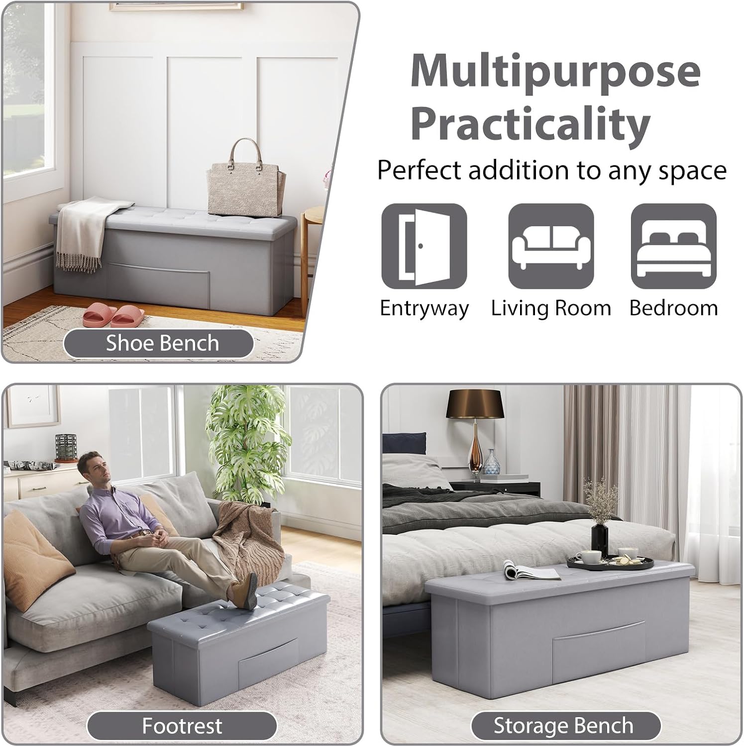 Giantex 43 Inches Folding Storage Ottoman Bench, Upholstered PU Leather Storage Chest with Side Pocket, Padded Seat, End of Bed Bench, Collapsible Ottoman Foot Rest for Living Room, Bedroom & Entryway