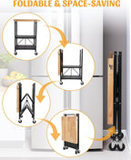 Mythinglogic Foldable Kitchen Storage Cart, 3-Tier Rolling Cart with Solid Oak Top, Heavy-Duty Metal Utility Rack for Microwave, Pots, Dish Set, Meal Prep Area, Kitchen Island on Lockable Wheels