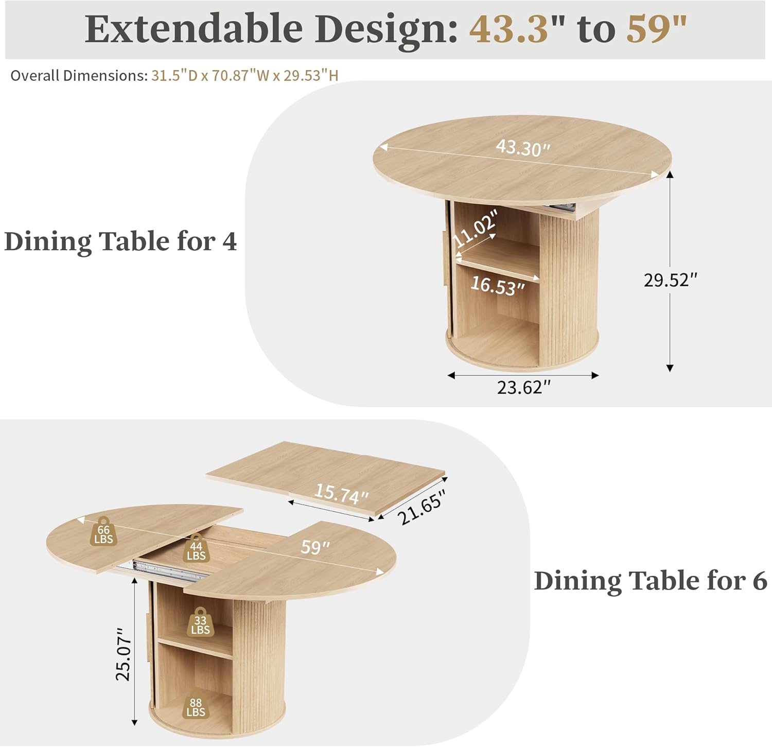 weselon 43"-59" Extendable Round to Oval Dining Table with Hidden Storage, Modern Wooden Kitchen Table with Fluted Sliding Door Cabinet, Expandable Dinner Table for Dining Room Living Room (Natural)