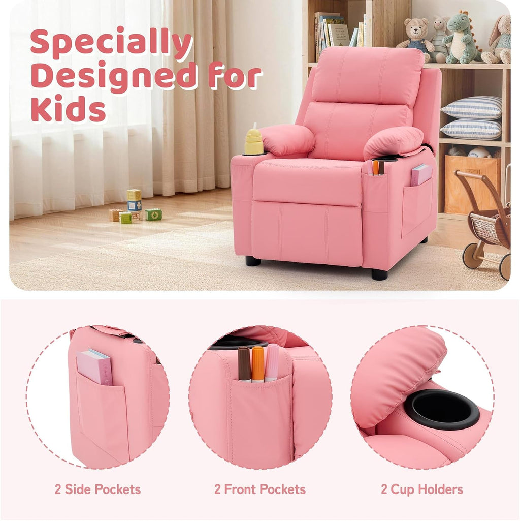 Korser Kids Recliner Chair, PU Leather Toddler Recliner with Cup Holder, Kid Recliner Sofa with Footrest, Push Back Child Reclining Chair with Side Pockets for Children Boys Girls Room, Pink