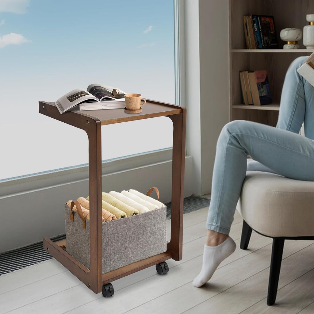 Bacocoo 40cm C Shaped End Table,Natural Wood Color Rubber Wood Small Side Table with 4 Universal Wheels,Mobile Sofa Side Table with Storage Shelf,Table for Living Room, Bedroom,Office. (Walnut Color)