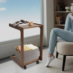 Bacocoo 40cm C Shaped End Table,Natural Wood Color Rubber Wood Small Side Table with 4 Universal Wheels,Mobile Sofa Side Table with Storage Shelf,Table for Living Room, Bedroom,Office. (Walnut Color)