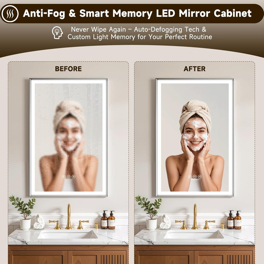 24X30 Inches Framed Medicine Cabinet with Lights, Bathroom Medicine Cabinet with 3-Color/Dimmable, Anti-Fog, Plug-in & Hardwired, Surface Mount & Recessed