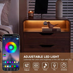 Nightstands Set of 2 with Charging Station, Mid Century Modern Night Stands with LED Light, 23.6" Wide Wood Bed Side Tables Bedroom, Large Bedside Table, Curved End Table with 2 Drawers| Walnut