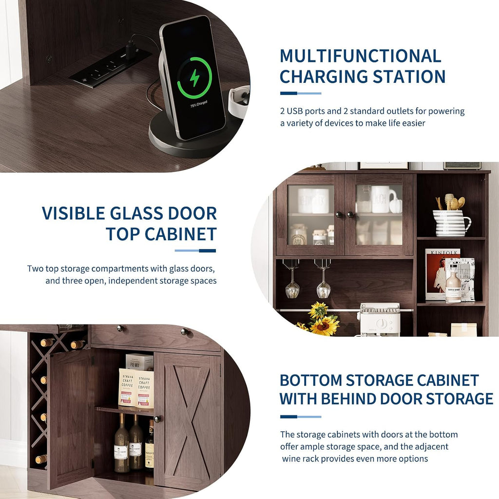 72" Tall Kitchen Pantry Cabinet with Power Outlet & Wine Rack - Farmhouse Sliding Barn Door Coffee Bar Cabinet with Storage Drawers & Adjustable Shelves, Sideboard Buffet for Dining Room, Home Bar