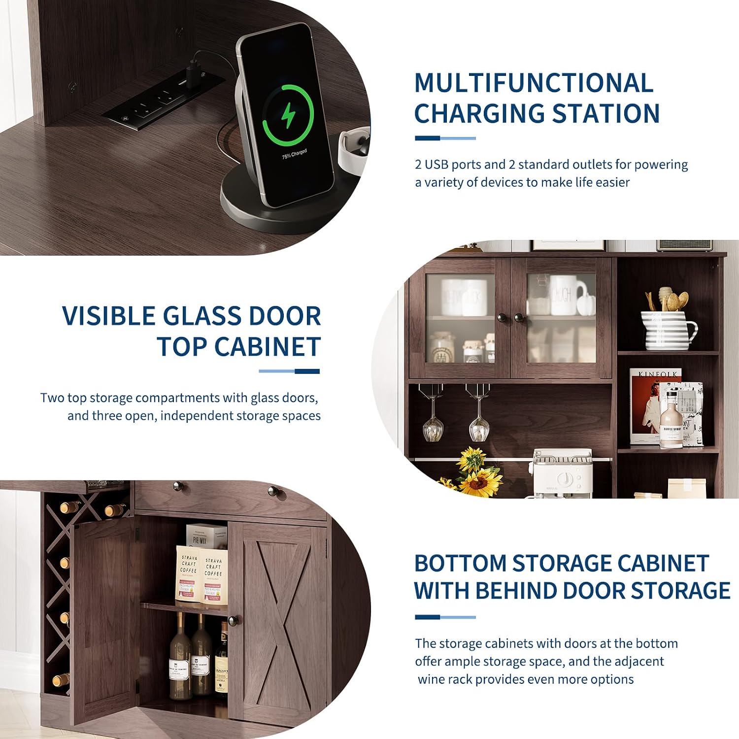 72" Tall Kitchen Pantry Cabinet with Power Outlet & Wine Rack - Farmhouse Sliding Barn Door Coffee Bar Cabinet with Storage Drawers & Adjustable Shelves, Sideboard Buffet for Dining Room, Home Bar