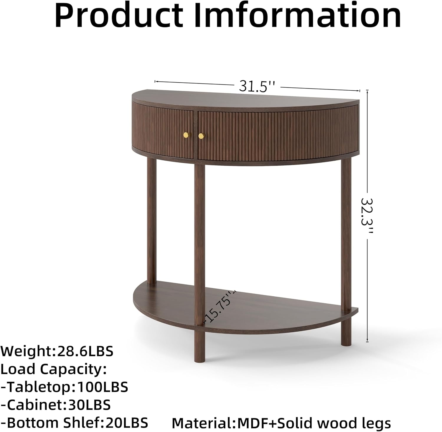 Entryway Table, Artisan-Crafted Half Moon Fluted Console Tables with 2 Rattan Storage,Small Half Circle Tables for Hallway, Narrow Round Accent Decort Table for Living Room (Brown)