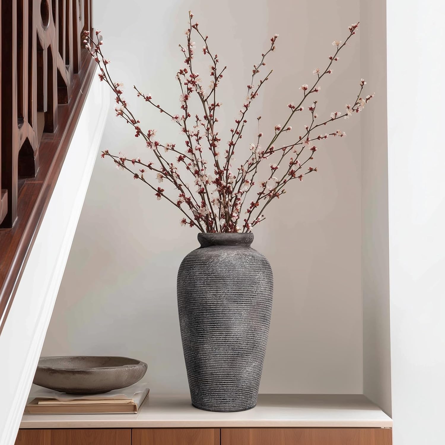 Large Rustic Terracotta Vase, 11 inch Tall Ceramic Flower Vase, Clay Farmhouse Decorative Vases for Flowers, Living Room, Shelf, Entryway, Home Decor, Grey