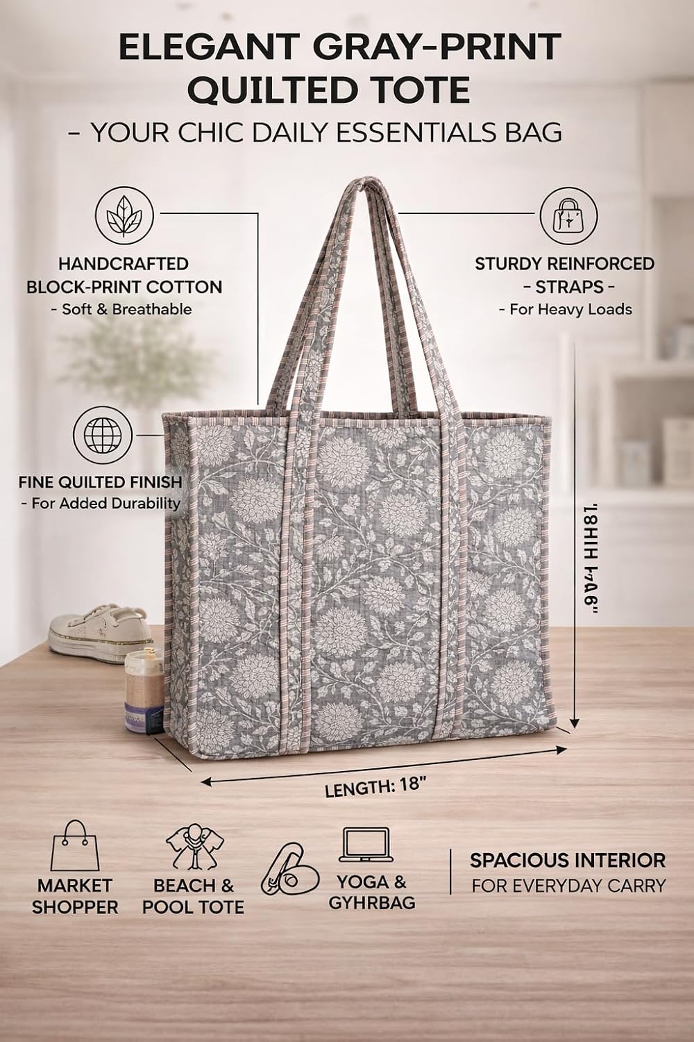 Cotton Tiger Block Print Tote Bag, Indian Handmade Shopping Shoulder Bag, Unisex Market Daily Use