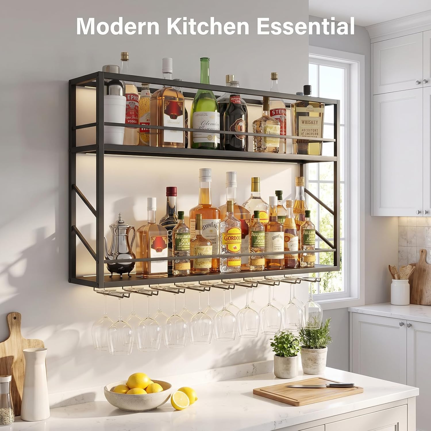 2-Tier Wall Mounted Wine Rack with LED, 31.5”W x 7.8”D x 26”H | Metal Bar Liquor Shelves and Glass Holder,Wall Bar Shelf Wine Display Storage Holder for Home Bar, Dining Room, Kitchen