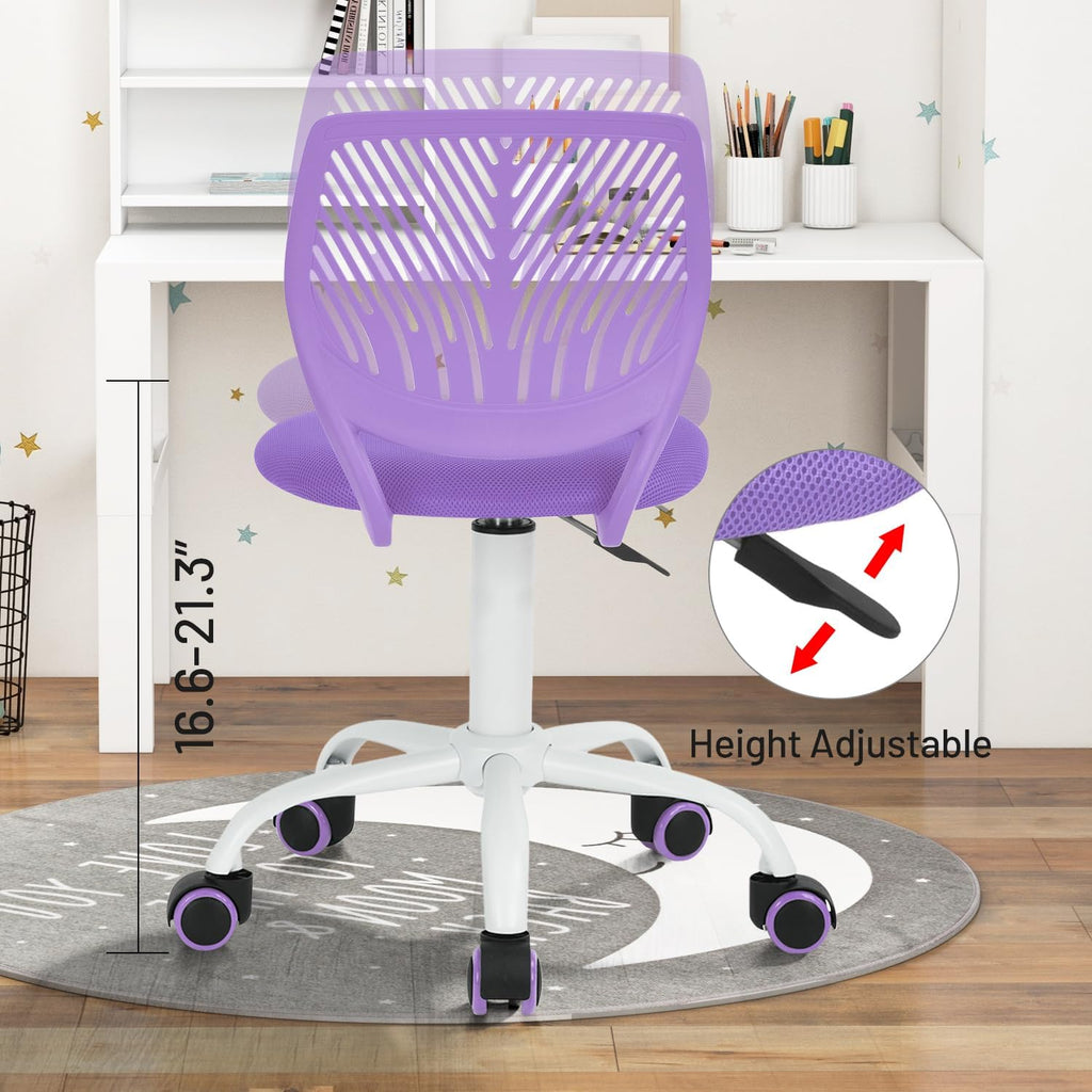 FurnitureR Purple Armless Desk Chair, Ergonomic Swivel Study Chair with Mesh Seat & Rolling Wheels, Lightweight Cute Task Chair for Creating a Cozy & Inspiring Kids’ Study Space — A Lovely Gift Choice