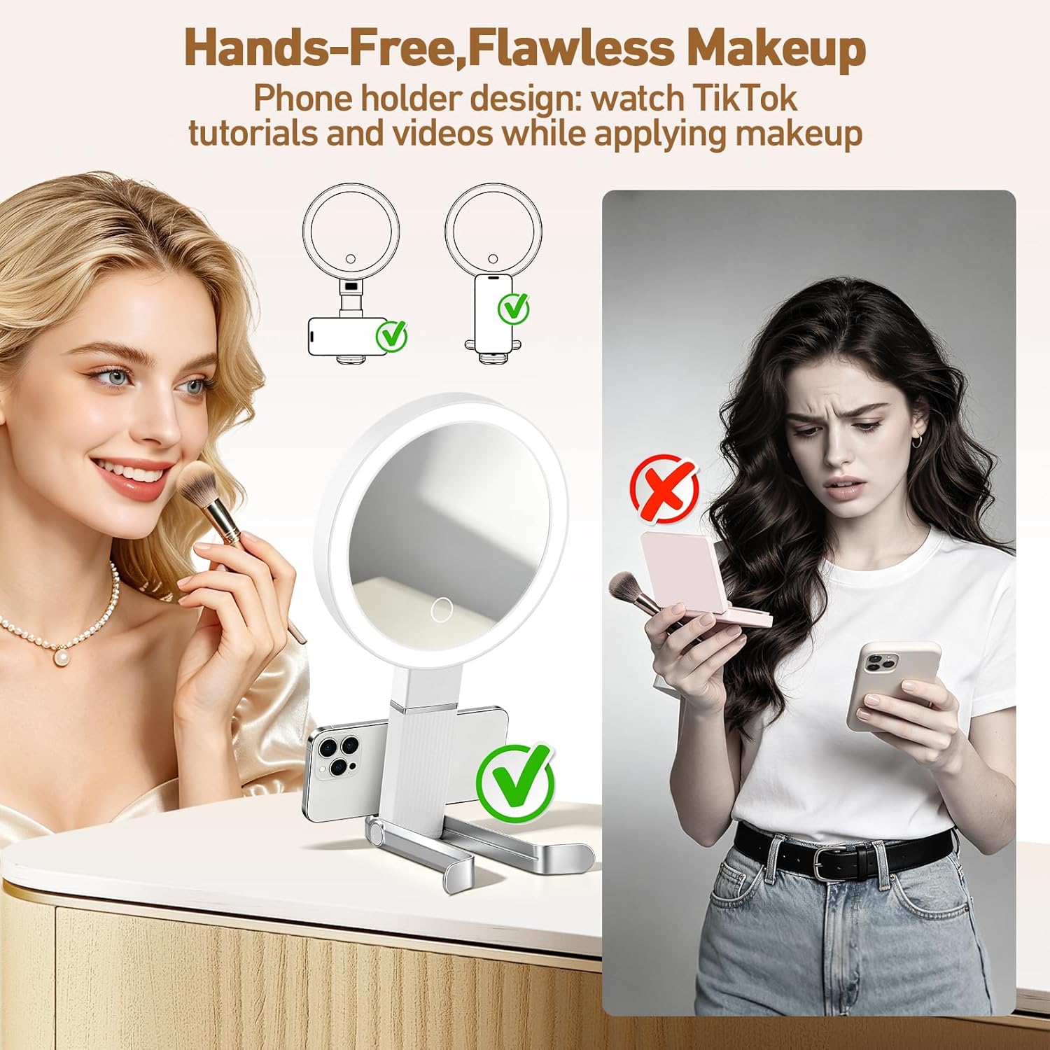 30X Travel Magnifying Mirror with Light, Height Adjustable Vanity Mirror with Phone Holder Stand, Portable Compact Handheld Makeup Mirror with Smart Display for Travel, Bedroom & Daily Makeup Use